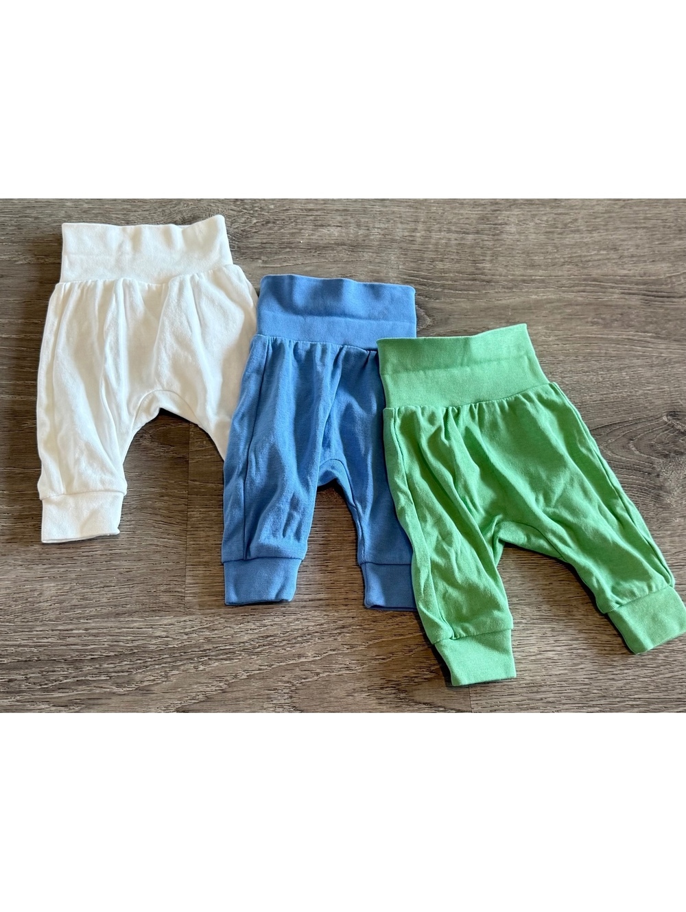 H&M Organic Cotton Baby Pants (3) in White, Blue, and Green, Newborn (0-1 month)